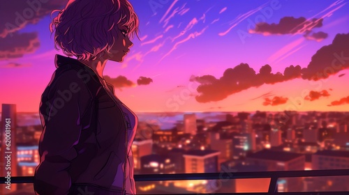 Retro-Futuristic wonder: anime girl stands amidst neon cityscape at vibrant sunset in digital artwork, wallpaper, Generative AI