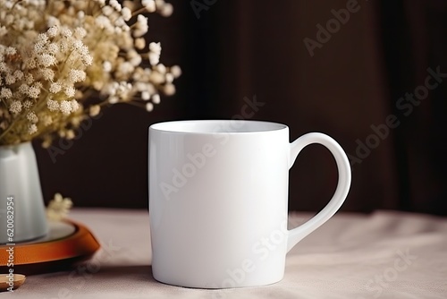 Empty white mug mockup on a table - floral background created using generative AI tools
