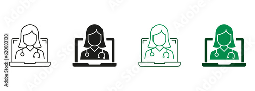 Online Remote Doctor Health Care Black and Color Pictogram. Virtual Medical Service, Telemedicine Symbol Collection. Online Digital Medicine Line and Silhouette Icon Set. Isolated Vector Illustration