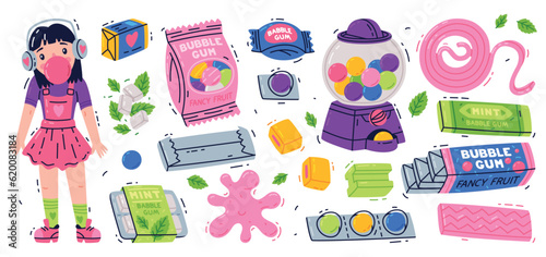 Bubble Gum and Sweet Chewing Gum Vector Set