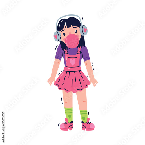 Little Girl Standing Blowing Bubble Gum Vector Illustration