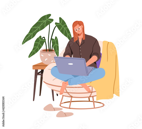 Happy woman works from home, sitting in cozy armchair at laptop computer. Young freelancer, remote worker working, studying online, in internet. Flat vector illustration isolated on white background