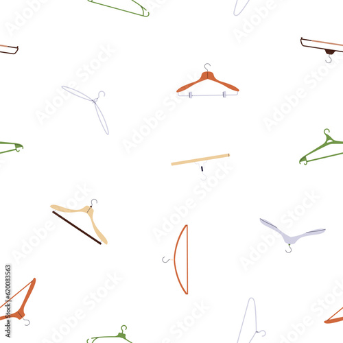 Hangers for clothes, garment, seamless pattern design. Endless background, repeating print for showroom, shop decoration, store decor. Printable texture for textile, fabric. Flat vector illustration