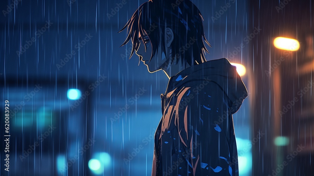 Melancholic anime boy standing in rain - captivating 4K digital ...