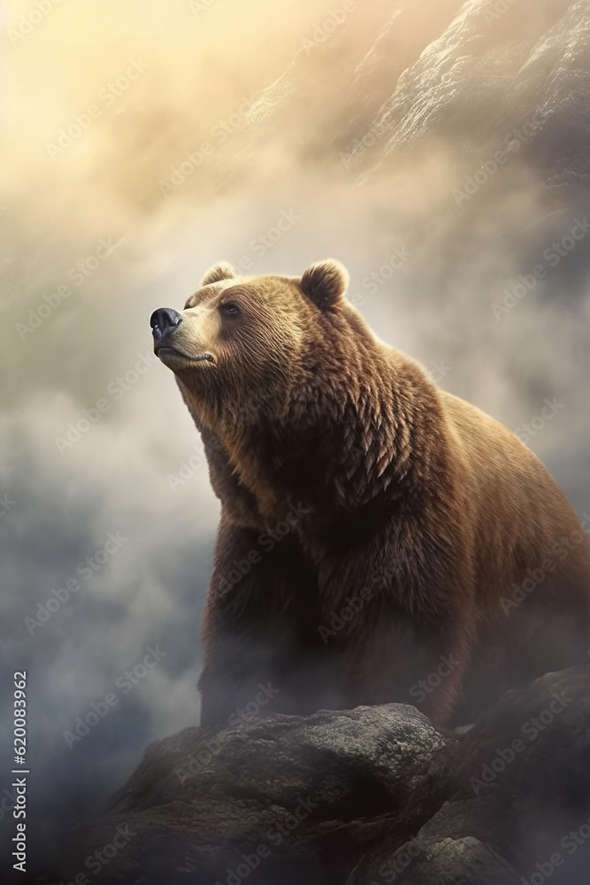 Obraz premium Majestic brown bear in the morning fog