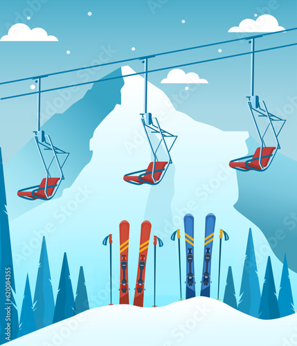 Red ski equipment at the ski resort. Snowy mountains and slopes, winter evening and morning landscape, Snowboarding, skiing, snow, sports, winter mountain landscape, snowy peaks and slopes.