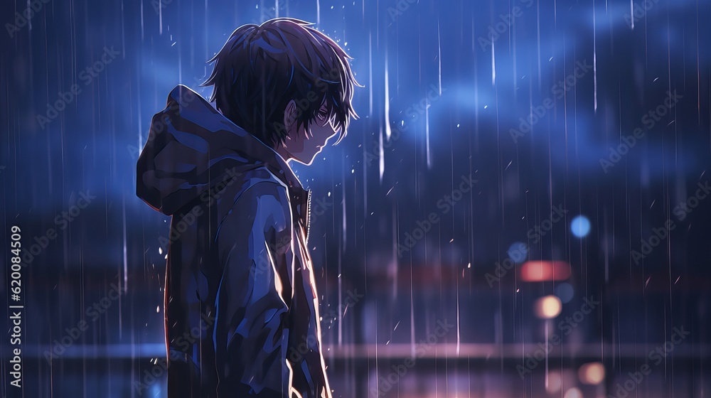 Anime girl standing in rain: captivating 4K illustration depicting ...