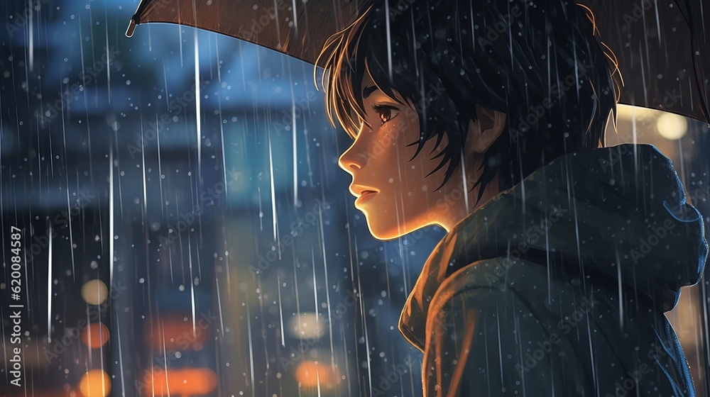 Ilustracja Stock: Captivating anime boy standing in rain: 4K digital