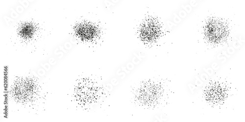 Spray Texture Set. Black Grunge Ink Splatter Collection. Noise Effect. Abstract Round Design Element. Circle Grainy Brush Paint Splash. Dirty Pattern. Halftone Stain. Isolated Vector Illustration