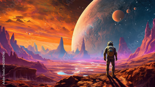 Illustration of interstellar explorers hiking on the surface of a vibrantly colored planet 16:9
