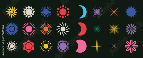 Set of abstract retro geometric shapes vector. Collection of contemporary figure, sparkle, moon, sun in 70s groovy style. Bauhaus Memphis design element perfect for banner, print, stickers, decor.