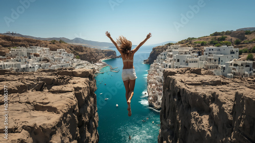 Junge Frau mit langen Haaren springt in der Luft genial über die Felsen, ai generativ