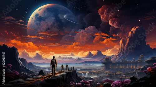 Illustration of alien planet with vibrantly colored clouds, terrain and planets 16:9