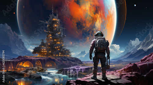 Image of an astronaut standing on the surface of an alien planet. Overlooking space industry structures for mining and refinement. Giant planet in the night sky - 16:9