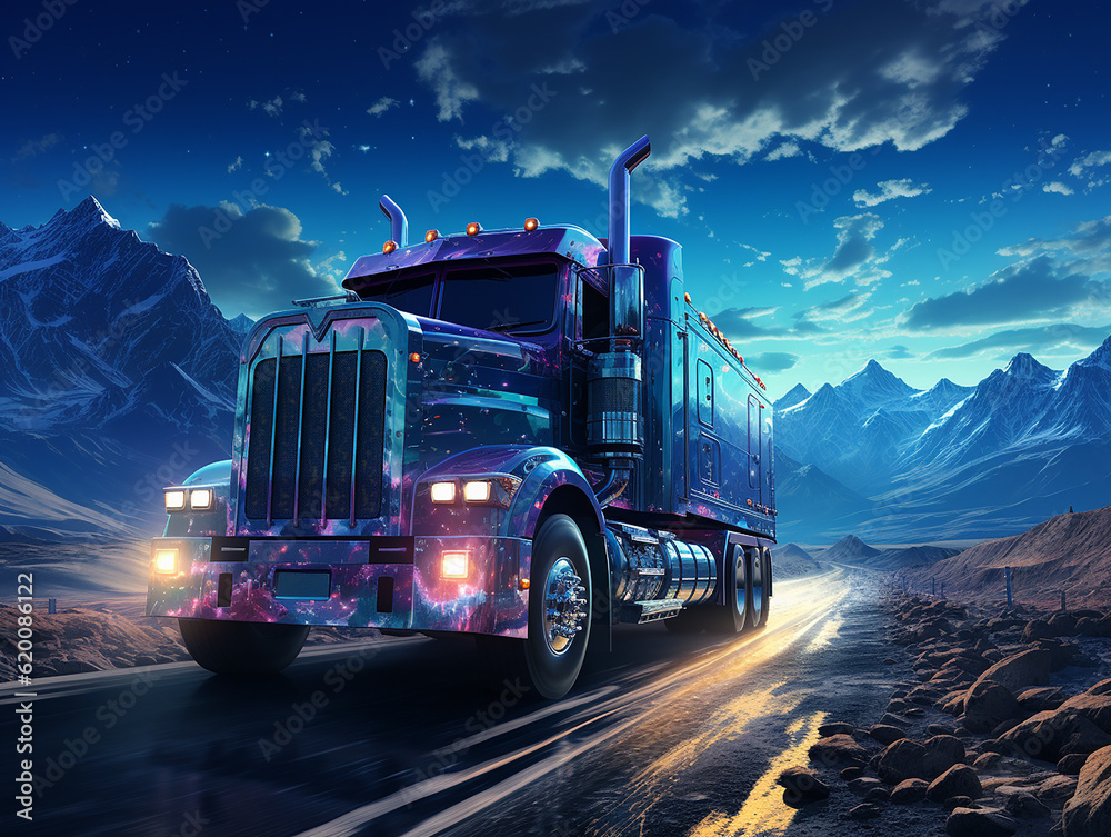 a white truck on highway, with galaxy background, insane detail made by AI generative photo