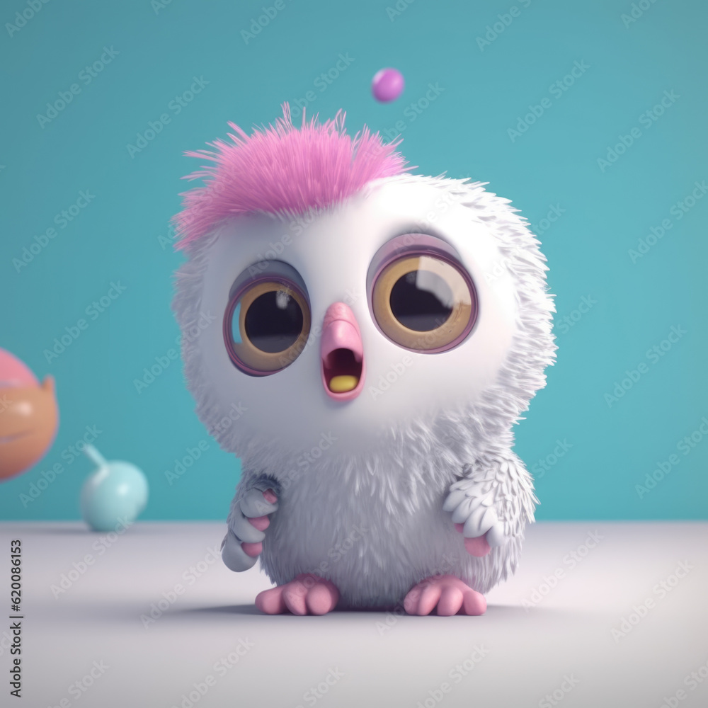 Cute furry bird 3d character illustration