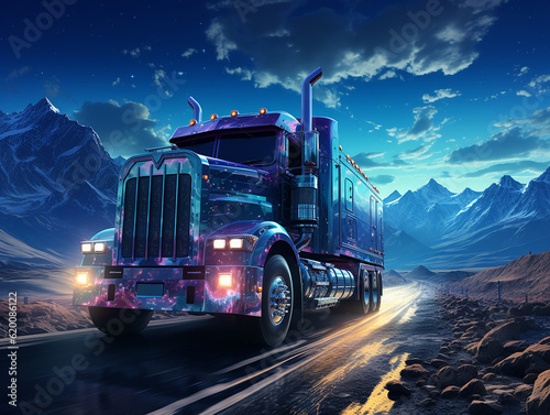 a white truck on highway  with galaxy background  insane detail made by AI generative photo