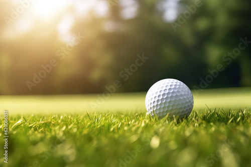 Sunny Day on the Green Fairway, Golf Ball Close-Up. Generative AI