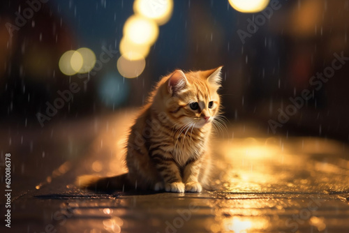 Sad wet kitten in the rain on a city street at night. Abandoned cat. Generative AI.