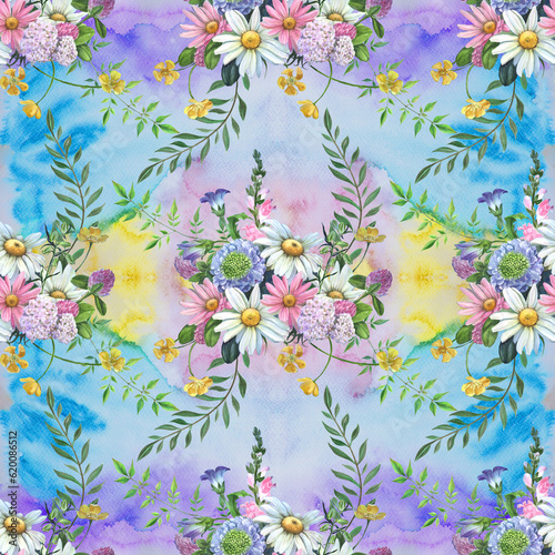 Seamless pattern. Chamomile and various wildflowers - a decorative composition. Watercolor illustration. Decorative composition. Use printed materials, signs, objects, sites, maps.