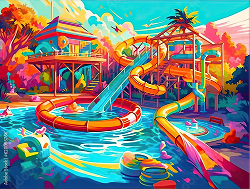 In the Deep End: Digital Illustrations of a Generative AI Pool Scene with Poolskies and a Water Slide