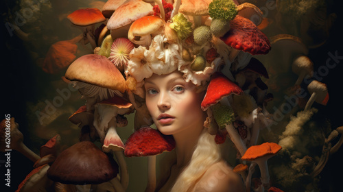 A beautiful young girl in the image of a mushroom queen.