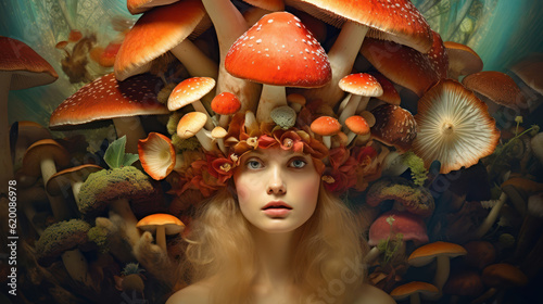 A beautiful young girl in the image of a mushroom queen.