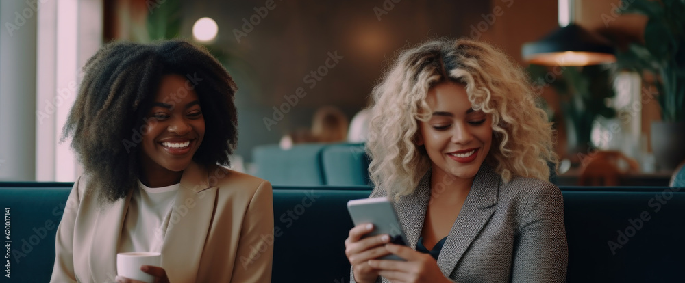 Two women during a working break using mobile and drinking coffee Two women during a working break using mobile and drinking coffee