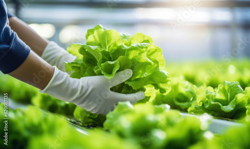 Hydroponic farm growing fresh organic lettuce vegetables, farmer technician harvesting produce, indoor greenhouse modern farming AI generated