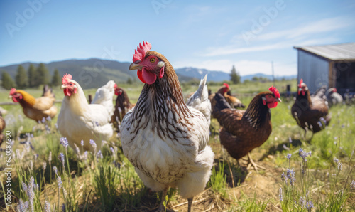 Photo FLock of free range chickens roaming freely in lush green field with flowers, he