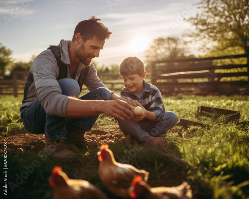 Father and son collecting eggs in the backyard at sunrise, learning a healthy homestead lifestyle, happy childhood on family farm AI generated