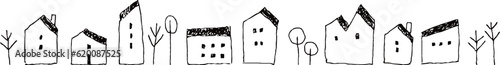 並んだかわいい家の手描きの線画_横長