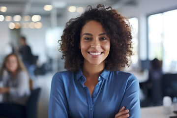 happy young african american young woman sitting in her chair smiling. AI Generative