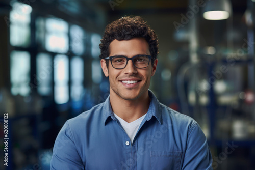 Young South hispanic Man Working as Engineer or Scientist in Technology Research Facility. AI Generative