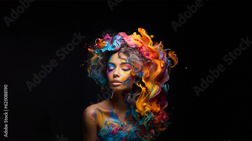 Wunderschönes Frauen Gesicht mit bunten schwebenden Blumen als Haar dekoriert als Poster Nahaufnahme, ai generativ