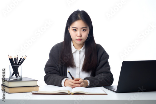 Beautiful asian brunette businesswoman with laptop computer isolated on white. AI Generative