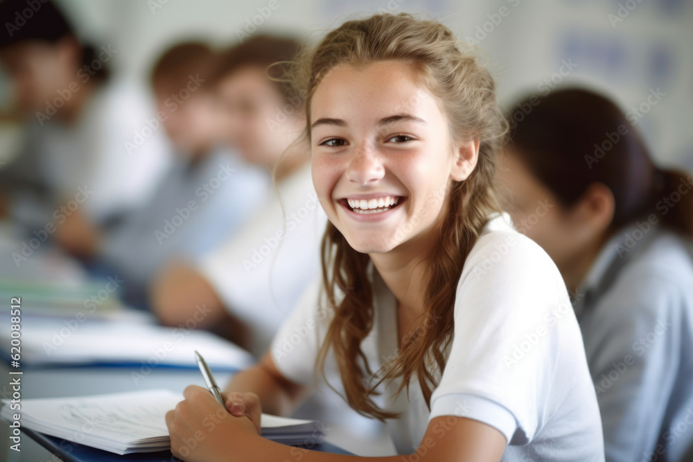 Happy student posing in a classroom. AI Generative Happy student posing in a classroom. AI Generative