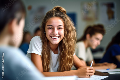 Happy student posing in a classroom. AI Generative