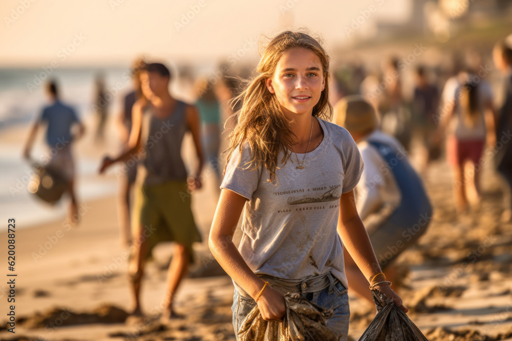 female volunteer smiling looking at a camera picking up a plastic litter on a beach. AI Generative