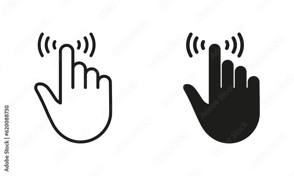 Pointer Finger Pictogram. Cursor Hand, Computer Mouse Line and Silhouette Black Icon Set. Click, Press, Double Tap, Touch Swipe Point Finger Gesture Symbol Collection. Isolated Vector Illustration
