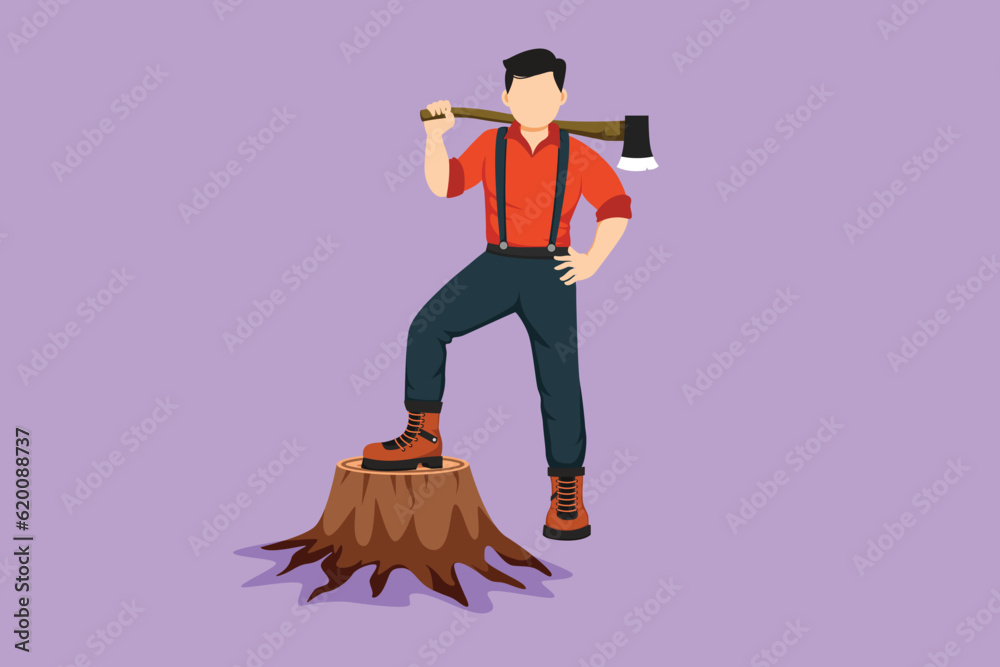 Cartoon flat style drawing smiling lumberjack wearing shirt, jeans and boots. Holding on his shoulder a ax posing with one foot on a tree stump. Happy man with axe. Graphic design vector illustration
