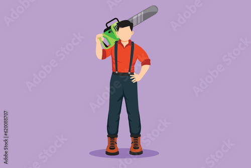 Graphic flat design drawing woodcutter holding chainsaw on his back or shoulder. Wearing suspender shirt, jeans, boots. Lumberjack pose on logging forest logo, icon. Cartoon style vector illustration
