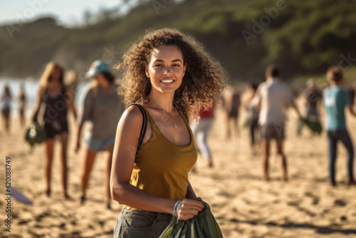 female volunteer smiling looking at a camera picking up a plastic litter on a beach. AI Generative