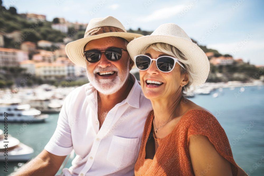 Senior couple relaxing by the sea on sunny day.