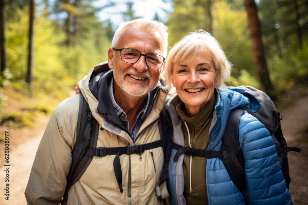 Portrait of smiling senior couple sitting with backpack in forest during summer vacation. AI Generative