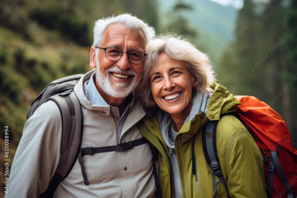 Portrait of smiling senior couple sitting with backpack in forest during summer vacation. AI Generative Portrait of smiling senior couple sitting with backpack in forest during summer vacation. AI Generative
