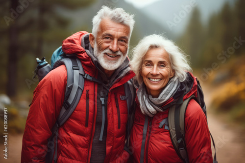 Portrait of smiling senior couple sitting with backpack in forest during summer vacation. AI Generative