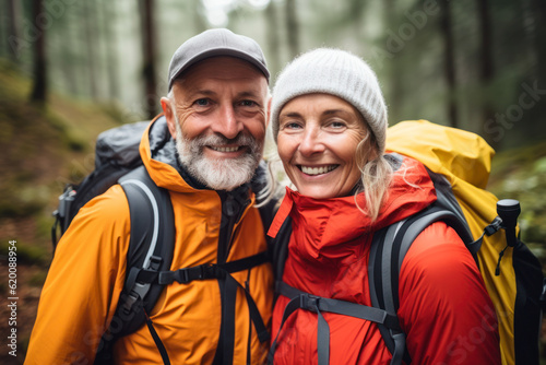 Portrait of smiling senior couple sitting with backpack in forest during summer vacation. AI Generative