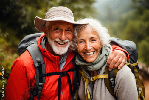 Portrait of smiling senior couple sitting with backpack in forest during summer vacation. AI Generative