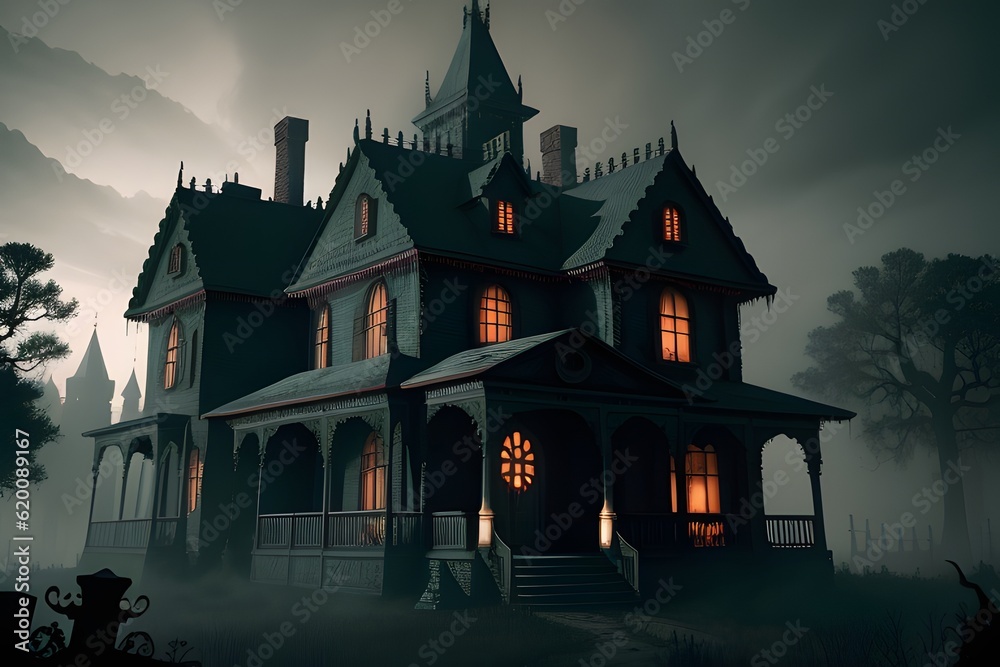 Haunted mansion horror scene. Generative AI illustration.